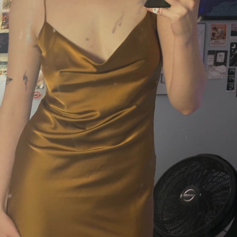 Stradivarius Gold Satin Cowl Dress